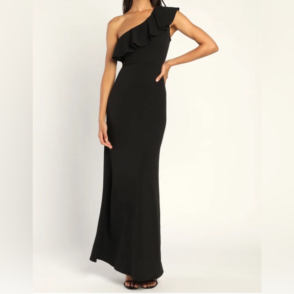 Lulus One Shoulder Ruffle Black Maxi Dress Women’s Sz L
